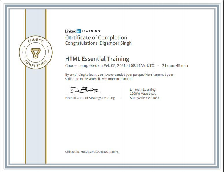 HTML certification by LinkedIn Learning